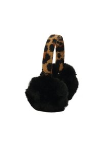 Earmuff in pelliccia sintetica nera con fascia in maglia leopardata. Gli earmuff sono rotondi e morbidi, offrendo calore e comfort.