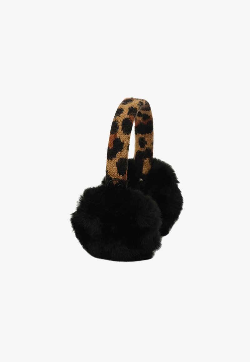 Earmuff in pelliccia sintetica nera con fascia in maglia leopardata. Gli earmuff sono rotondi e morbidi, offrendo calore e comfort.