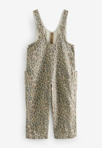 Pantalones de tirantes con estampado de leopardo, fabricados en un material ligero, que cuentan con tirantes ajustables, dos bolsillos laterales y un corte holgado.