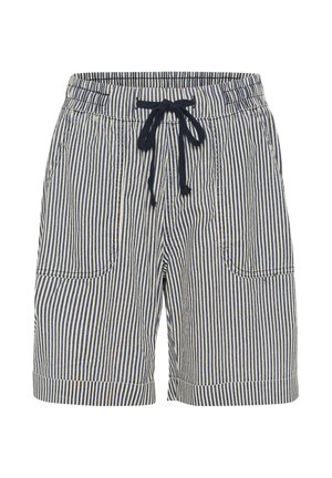 Šorcevi s okomitim prugama u mornarsko plavoj i bijeloj boji, s elastičnim pojasom, prednjim džepovima i mornarsko plavom vrpcom za vezanje u sredini.