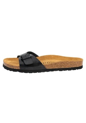 Sort slidesandal med bred rem, metalspænde, korkfodsål og tekstureret gummiydersål for godt greb.