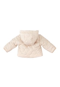 Chaqueta acolchada de estampado de cuadros en beige claro con capucha, que presenta un acabado acolchado y puños elásticos para un ajuste ceñido.