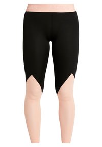 Černé sportovní legíny s růžovým pasem, s kontrastními diagonálními panely na spodních částech nohavic, vyrobené z hladkého, elastického materiálu.