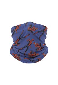 Blauwe nekwarmer met een herhaald patroon van Spider-Man in verschillende poses, gemaakt van rekbaar materiaal, met een gladde textuur en wasmachinebestendig.