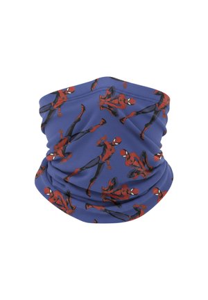 Gaiter bleu avec un motif répété de Spider-Man dans diverses poses, fabriqué en tissu extensible, texture lisse et lavable en machine.