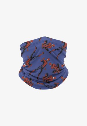 Gaiter bleu avec un motif répété de Spider-Man dans diverses poses, fabriqué en tissu extensible, texture lisse et lavable en machine.