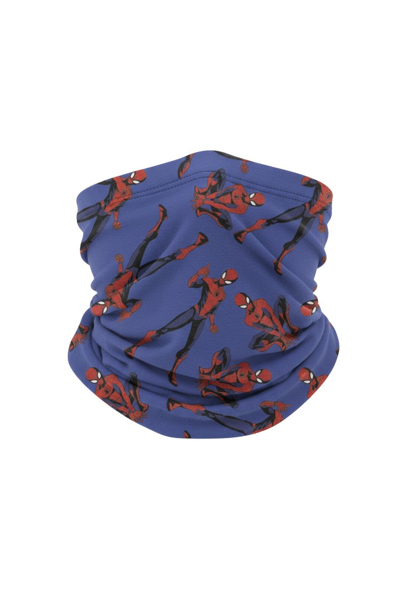 Blauwe nekwarmer met een herhaald patroon van Spider-Man in verschillende poses, gemaakt van rekbaar materiaal, met een gladde textuur en wasmachinebestendig.