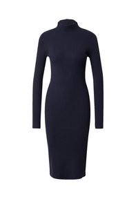 Marineblaues, geripptes Midikleid mit langen Ärmeln und hohem Kragen. Besitzt eine taillierte Silhouette und strukturierter Stoff. Keine zusätzlichen Muster oder Akzente.