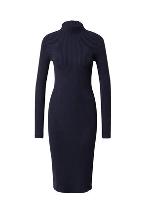 Navy ribbed midi dress with long sleeves and high neck. Features a fitted silhouette and textured fabric. No additional patterns or accents.
