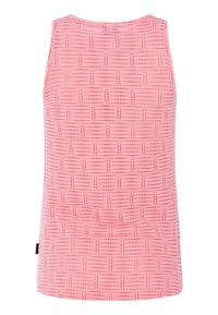Pink sleeveless top with a geometric pattern of horizontal and vertical dashed lines.