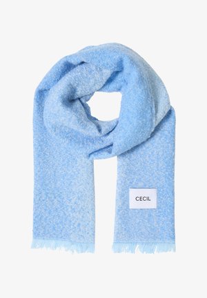 Sciarpa azzurro chiaro lavorata a maglia con bordi sfrangiati e una piccola etichetta bianca con la scritta "CECIL". Tessuto morbido e superficie leggermente decorata.