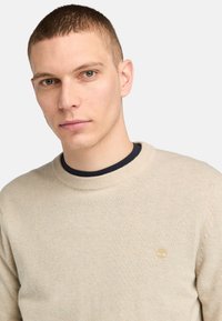 Béžový pletený svetr s kulatým výstřihem, který má jemné logo vyšívané na hrudi a texturovanou tkaninu.