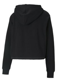 Sudadera negra recortada con capucha ajustable, puños y dobladillo de canalé. Textura suave con detalles de costura blanca en contraste.