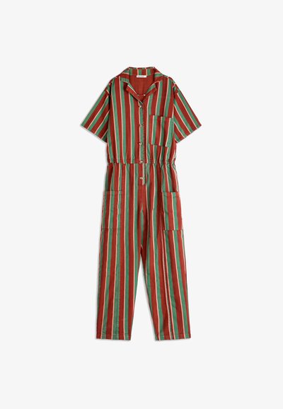 Krátky rukáv overal s vertikálnymi červenými, zelenými a ružovými pruhmi, zapínanie na gombíky vpredu, vrecko na hrudi, elastický pás a dve veľké bočné vrecká.