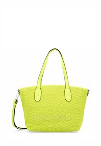 Neon gele tote bag met een textuur van gaas, dubbele handvatten en een afneembare schouderriem. Voorzien van het reliëf 'PICARD' logo aan de voorkant.