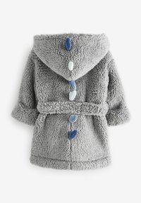 Grauer Fleece-Bademantel mit Kapuze, ausgestattet mit Knöpfen in Blau- und Grüntönen, tailliert und aus weichem, strukturiertem Material. Rückansicht dargestellt.