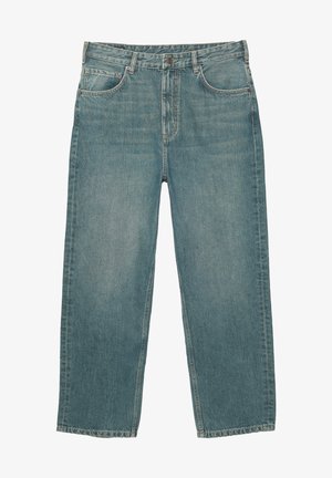 Light blue denim jeans feature a relaxed fit, straight legs, five-pocket design, and visible stitching along the seams and waistline.