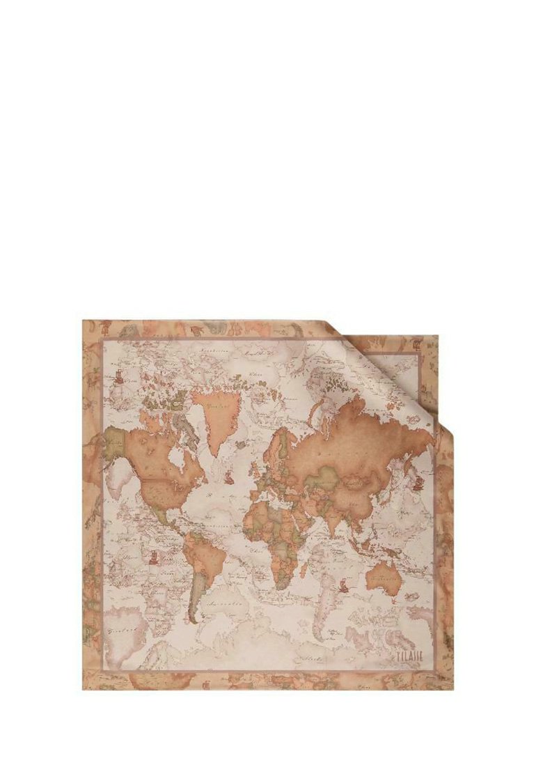 Mappa del mondo su carta texturizzata, caratterizzata da toni terrosi smorzati, dettagli intricati e un effetto angolo strappato, incorniciata da un bordo decorativo.