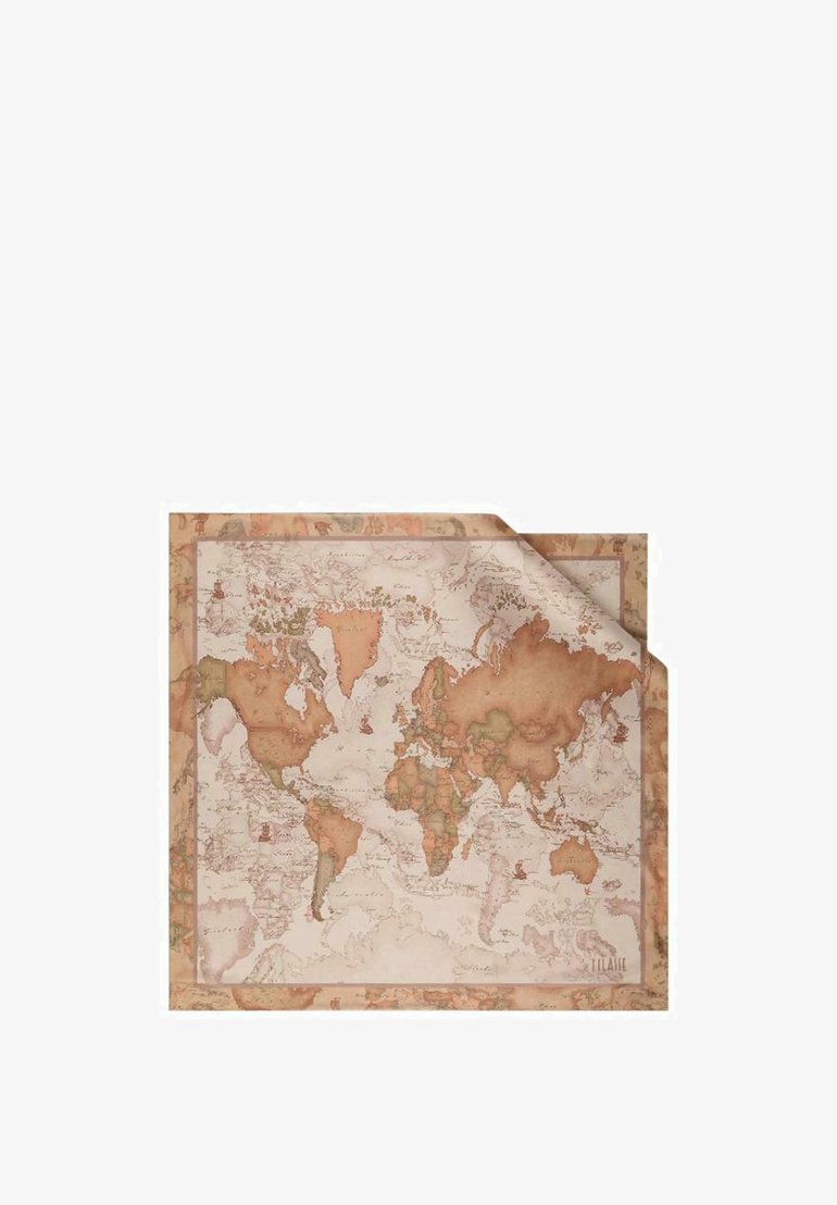Mappa del mondo su carta texturizzata, caratterizzata da toni terrosi smorzati, dettagli intricati e un effetto angolo strappato, incorniciata da un bordo decorativo.