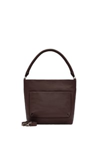 Brązowa skórzana torebka o gładkiej fakturze, z górnym uchwytem i odpinanym paskiem na ramię, wyposażona w dużą przednią kieszeń i minimalistyczny design.