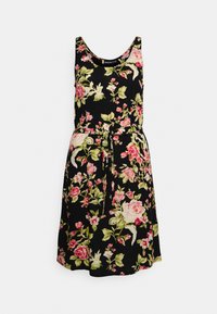 Vestido florido em tecido preto com padrões de flores em rosa e verde. Design sem mangas com cintura ajustada e detalhe de cinto amarrado.