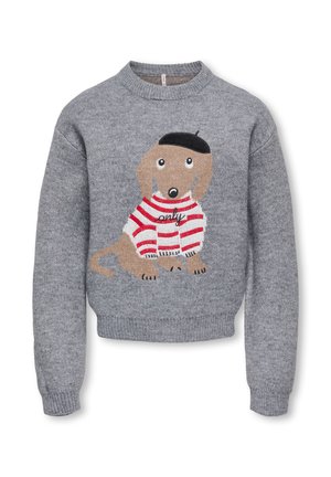 Pull gris en maille avec un chien dessin animé portant un béret noir et un pull rayé rouge et blanc sur le devant avec le texte "only".