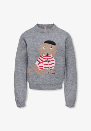 Grå strikket sweater med en tegnet hund iført en sort baret og en rød- og hvidstribet sweater foran med teksten "only".
