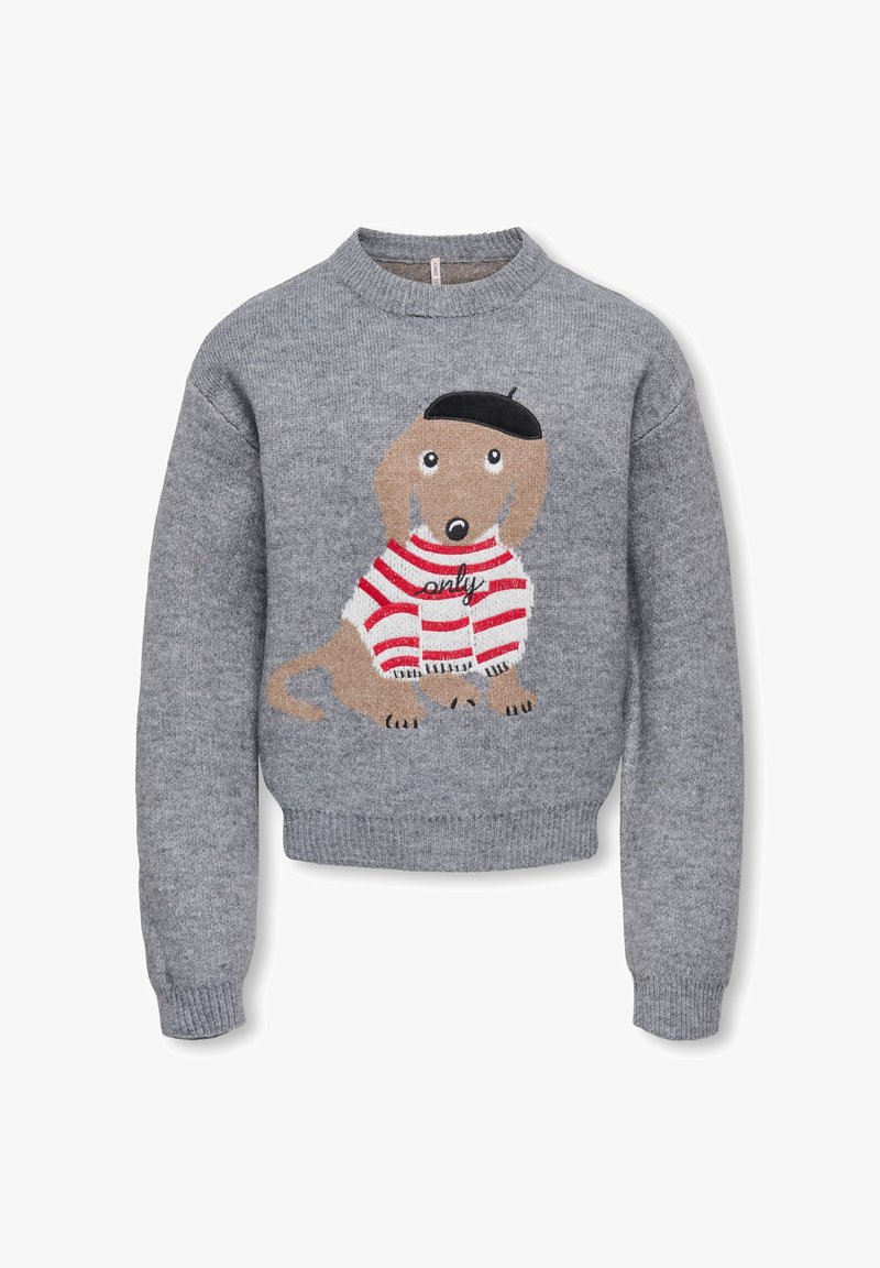 Pull gris en maille avec un chien dessin animé portant un béret noir et un pull rayé rouge et blanc sur le devant avec le texte "only".