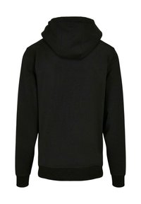 Sort hættetrøje med en rummelig hætte, ribbede manchetter og kant. Lavet af blødt stof med et enkelt, udekoreret design. Bagfra set.