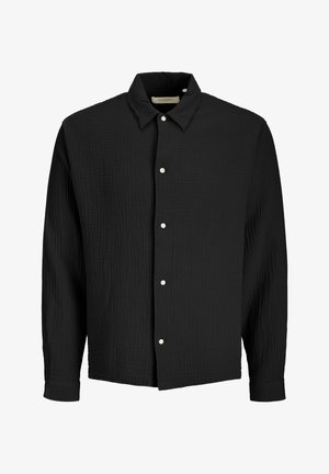 Schwarzes, langärmliges Hemd mit Knöpfen aus strukturiertem Stoff und weißen Knöpfen, ausgestattet mit klassischem Kragen und Manschettenärmeln.