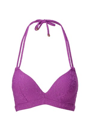 Violetti kolmiomainen bikiniyläosa, jossa on teksturoidusta kankaasta valmistetut säädettävät solmimisnauhat ja kultaiset yksityiskohdat. Yksinkertainen muotoilu ilman toppauksia.