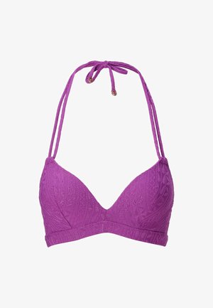 Haut de bikini triangle violet avec tissu texturé, bretelles réglables à nouer et accents dorés. Design simple sans rembourrage.