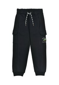 Schwarze Jogginghose aus Baumwollmischung, mit elastischem Bund, Kordelzug, Seitentaschen und besticktem Design am linken Bein.