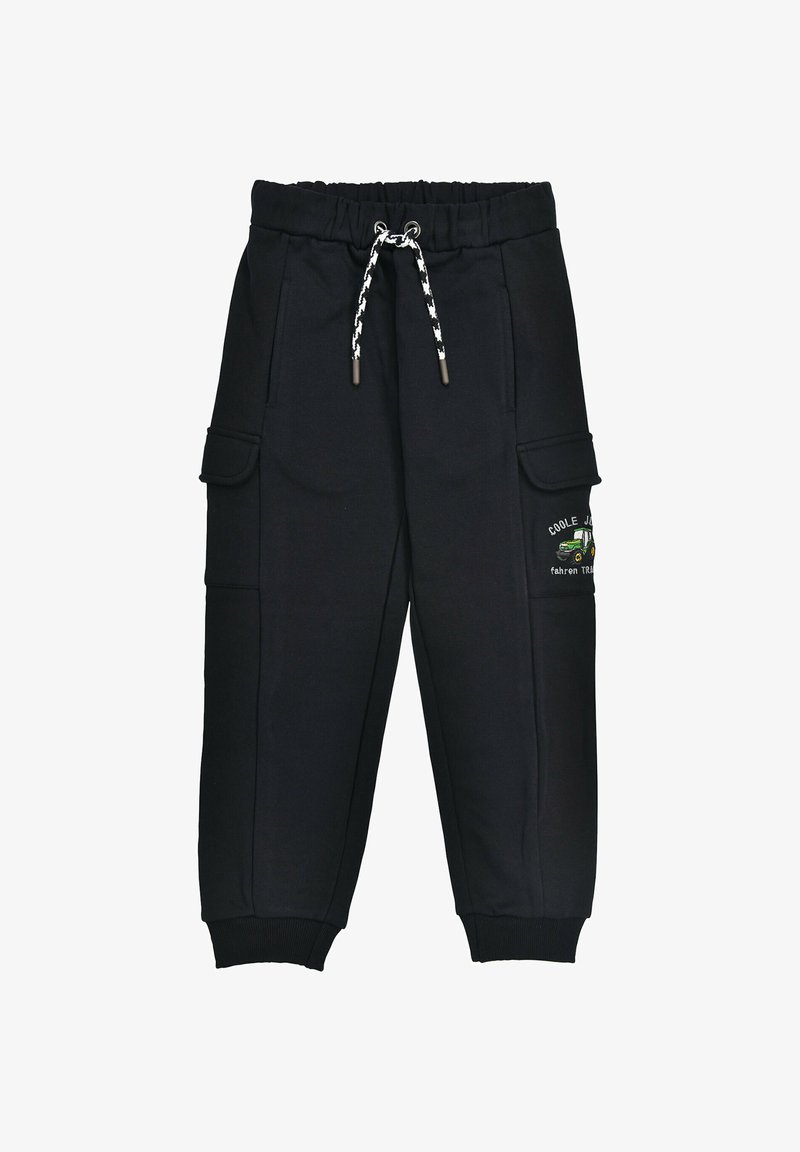 Schwarze Jogginghose aus Baumwollmischung, mit elastischem Bund, Kordelzug, Seitentaschen und besticktem Design am linken Bein.