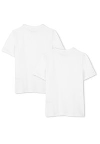 Camisetas de algodão brancas com mangas curtas, decote redondo e um corte descontraído. Sem padrões ou detalhes notáveis, apresentam um design simples.