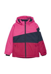 Giacca a vento con cappuccio di colore rosa e blu navy, con zip frontale, caratterizzata da un design a blocchi di colore e due tasche laterali. Il tessuto appare liscio e resistente all'acqua.