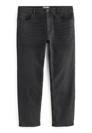 Zwarte spijkerbroeken van denim met een rechte pasvorm, vijf pockets, standaard tailleband en subtiele vervaging over de stof voor textuur.