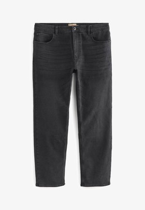 Jeans in denim nero con vestibilità dritta, design a cinque tasche, vita standard e leggere sfumature sul tessuto per un effetto texture.