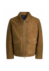Brown suede jacket featuring a collared neckline, zip closure, and two flat pockets on the front. Smooth texture with a structured fit.