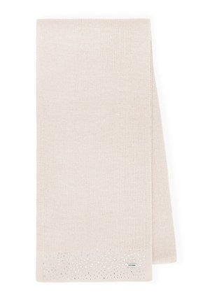 Écharpe beige clair tricotée avec une texture douce, présentant un motif subtil de petites perles transparentes le long du bord inférieur.