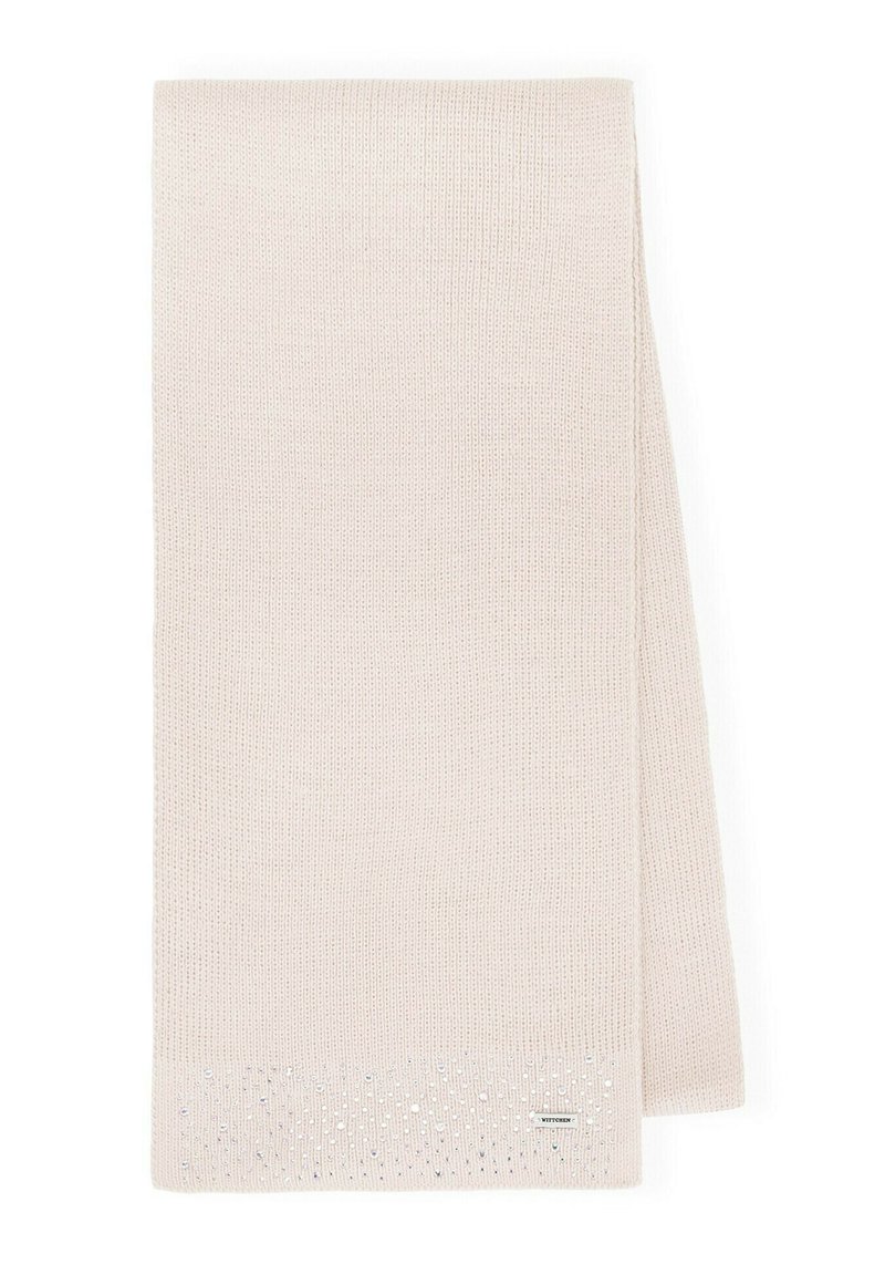 Écharpe beige clair tricotée avec une texture douce, présentant un motif subtil de petites perles transparentes le long du bord inférieur.