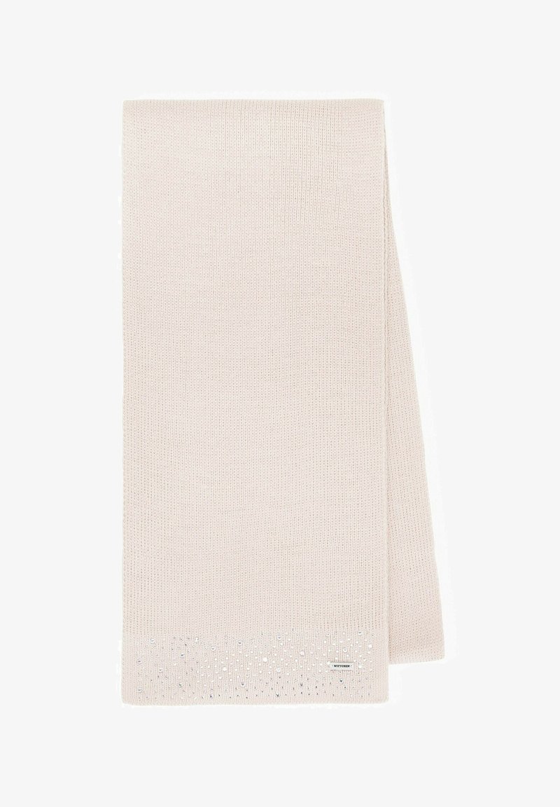 Écharpe beige clair tricotée avec une texture douce, présentant un motif subtil de petites perles transparentes le long du bord inférieur.