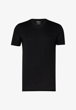 Schwarzes Kurzarm-V-Ausschnitt-T-Shirt für Herren mit s.Oliver-Logo im Innenkragen und dezentem Logo auf der Brust.