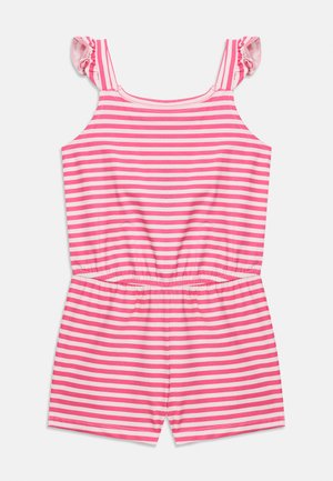 Rosa-weißer, horizontal gestreifter, ärmelloser Babystrampler mit gerafften Schulterträgern und elastischem Bund.