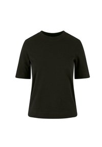 Crni kratki rukav T-shirt s okruglim izrezom, napravljen od mekog pamučnog materijala, s ležernim krojem i jednostavnom bojom bez uzoraka.