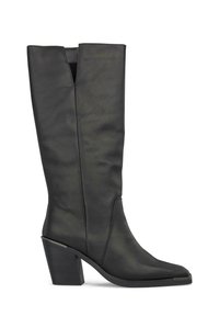 Botte en cuir noir montant jusqu'au genou avec un bout pointu, un design découpé en haut et un talon épais avec un accent métallique.