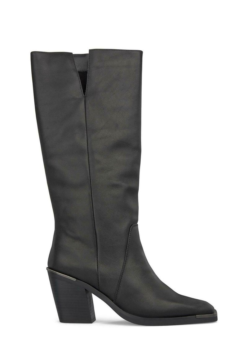Botte en cuir noir montant jusqu'au genou avec un bout pointu, un design découpé en haut et un talon épais avec un accent métallique.