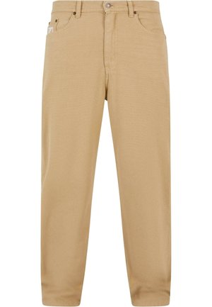 Beige bomuldsbukser med lige pasform, der har lynlåsgylp, fem lommer og diskrete stikninger. Glat tekstur og klassisk design.