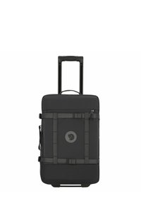 Black wheeled suitcase with a rectangular shape, made of durable fabric. Features a logo patch, straps, and a retractable handle.