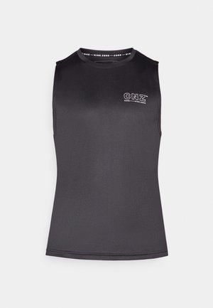 Fekete, ujjatlan felső sima, rugalmas anyagból. Kerek nyakkivágással és nyomtatott logóval rendelkezik az elején. Minimális dizájn.